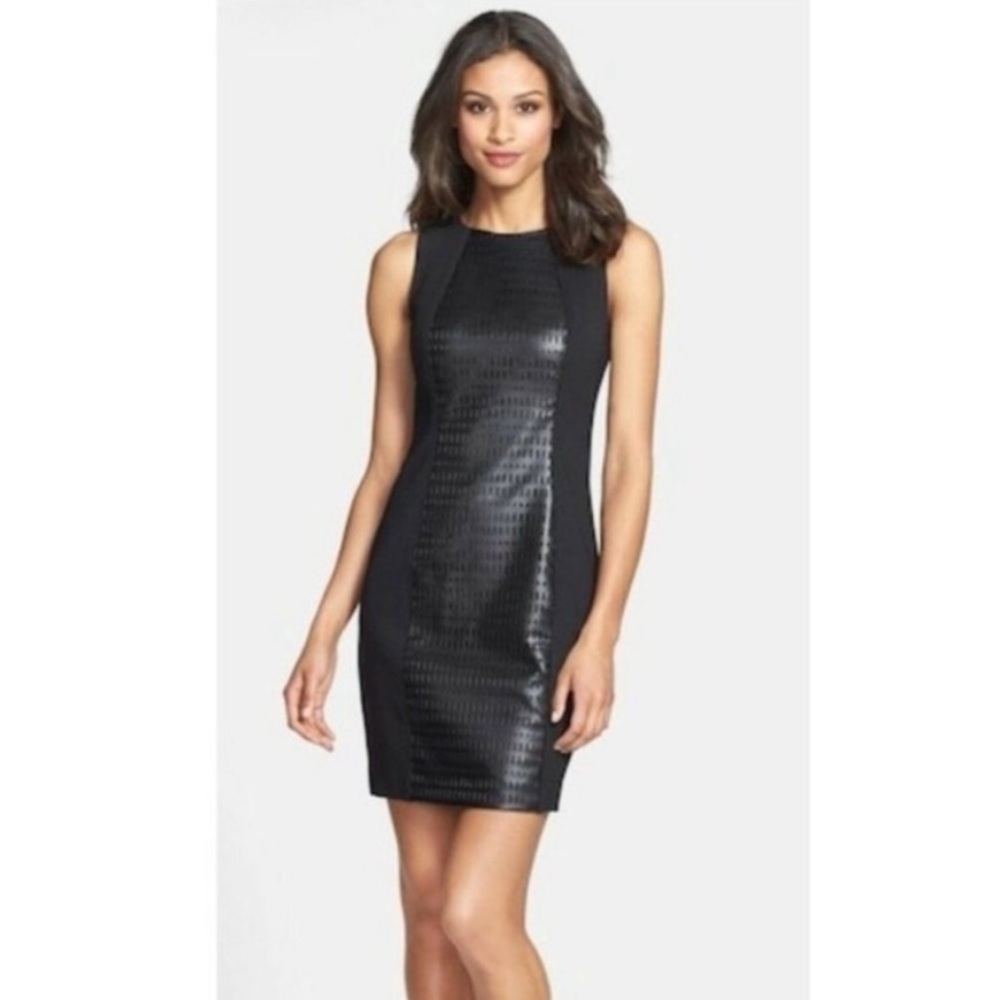 Trina Turk Faux Leather & Ponte Sheath Dress Black Sleeveless